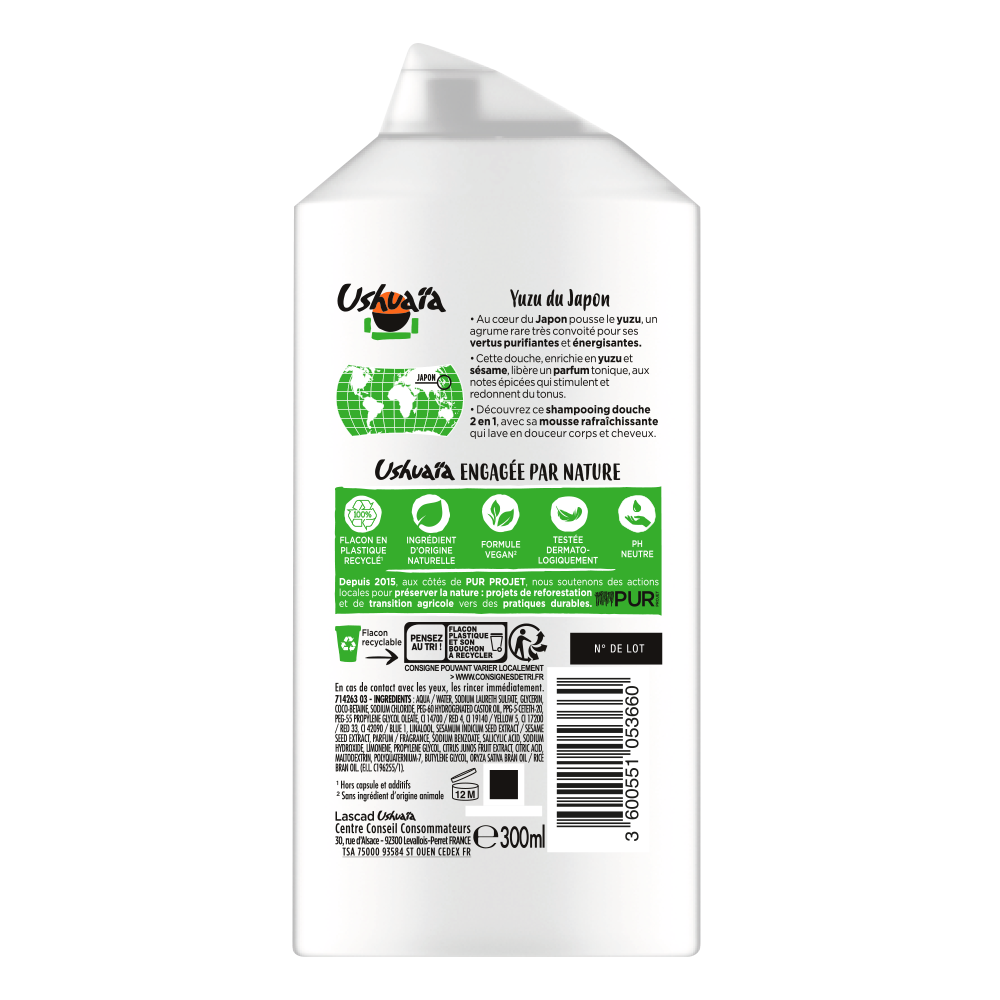 USHUAÏA – SHAMPOOING DOUCHE 2 EN 1 AU SÉSAM NOIR ET YUZU JAPONAIS – 300ML