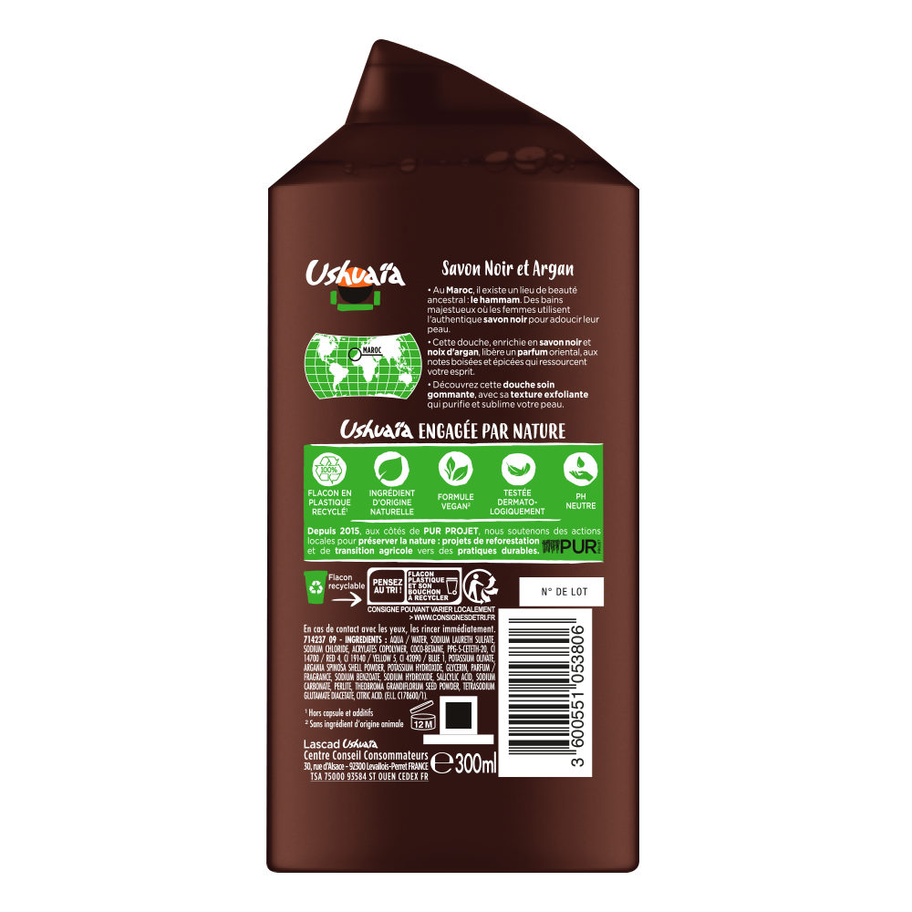 USHUAÏA – DOUCHE SOIN GOMMANTE AU SAVON NOIR & ÉCLATS DE NOIX D’ARGAN – 300ML