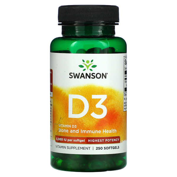 SWANSON, VITAMINE D3, OS ET SYSTÈME IMMUNITAIRE, EFFICACITÉ MAXIMALE, 5000 UI, 250 CAPSULES À ENVELOPPE MOLLE