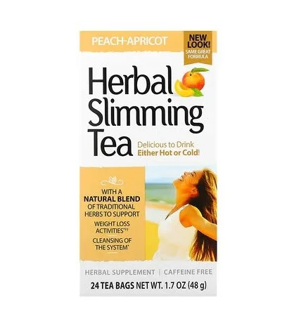 21ST CENTURY. HERBAL SLIMMING TEA. PEACH-APRICOT. CAFFEINE FREE. 24 TEA BAGS.