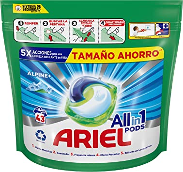ARIEL ALL IN ONE PODS, CAPSULES DE DÉTERGENT LIQUIDE ALPINE+ 43 LAVAGES