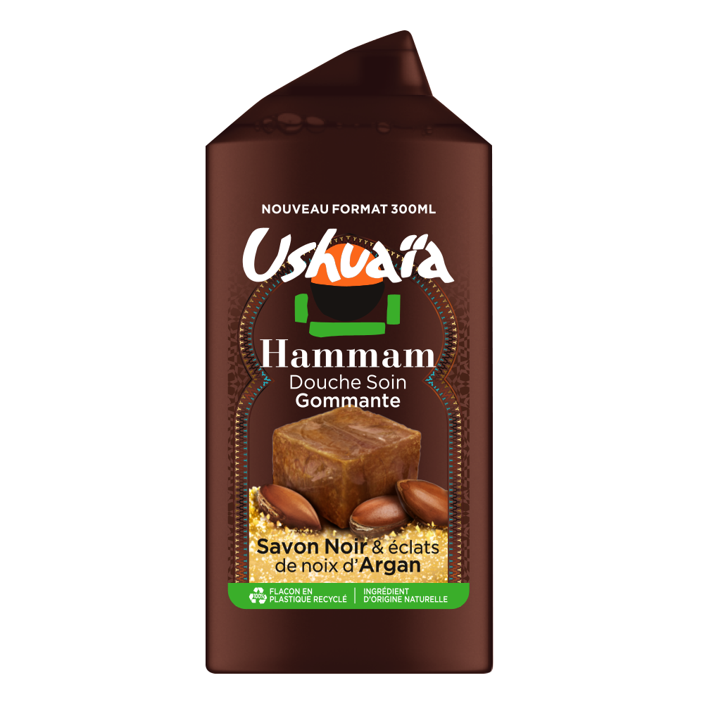 USHUAÏA – DOUCHE SOIN GOMMANTE AU SAVON NOIR &amp; ÉCLATS DE NOIX D’ARGAN – 300ML
