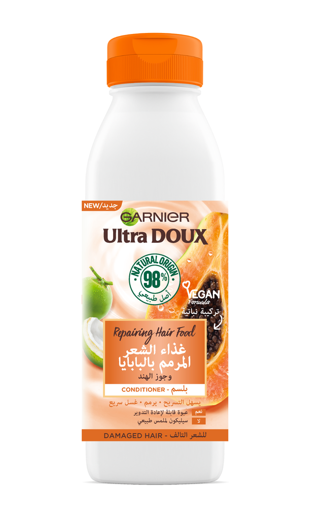 [3600542416139] GARNIER ULTRA DOUX – HAIR FOOD – APRÈS SHAMPOOING RÉPARATEUR POUR CHEVEUX ABÎMÉS – 350 ML